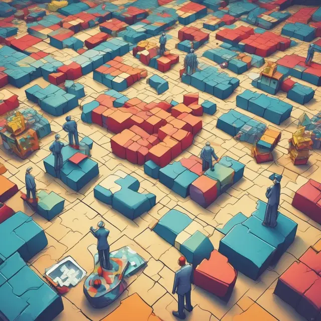 An intellectual giant, symbolizing a company, carefully placing interconnected industry puzzle pieces under its control within the value chain.