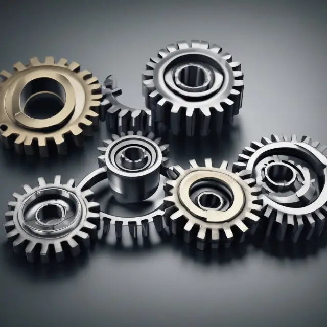 Five interconnected gears representing raw materials, intermediate goods, manufacturing, marketing & sales, and after-sale service stages of the industrial supply chain.