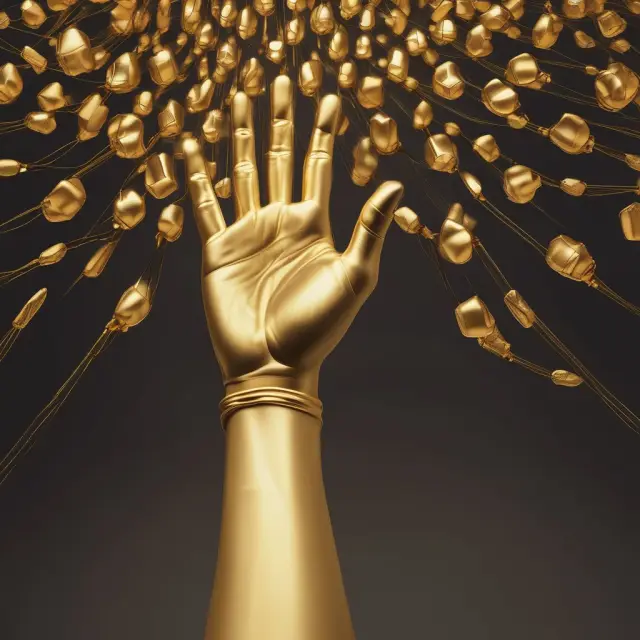 A golden hand extending toward a value chain illustrating the concept of forward integration.