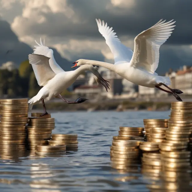 Two golden swans symbolizing swap and outright transactions taking off in an interbank forward market, illustrating their advantages
