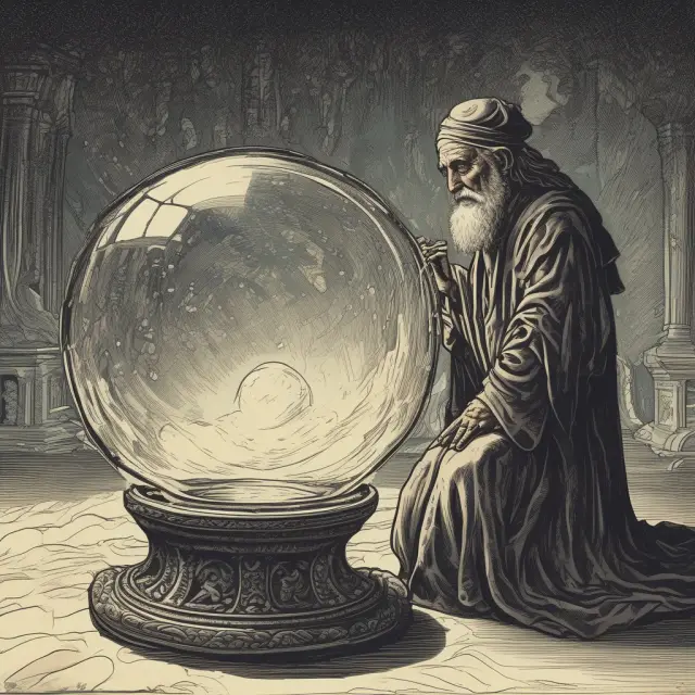 A fortune teller holding a crystal ball displays the future earnings and forward price-to-earnings ratio for a company.