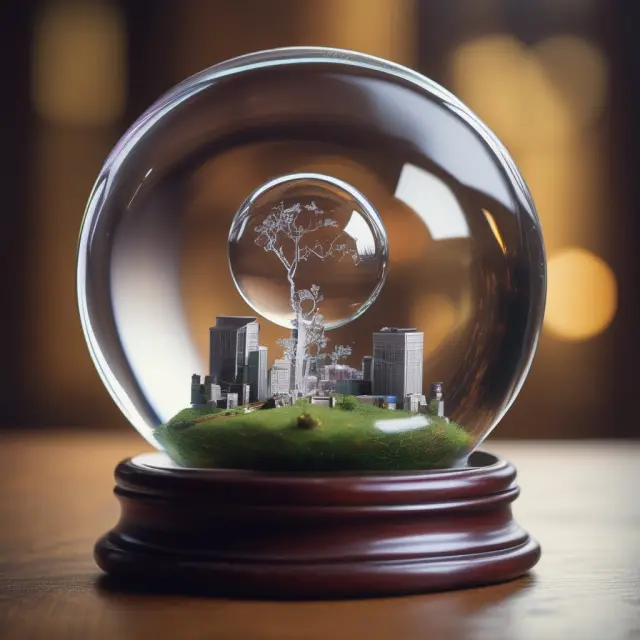 An analyst holding a crystal ball with a company logo, showing projected earnings growth represented by a decreasing P/E ratio