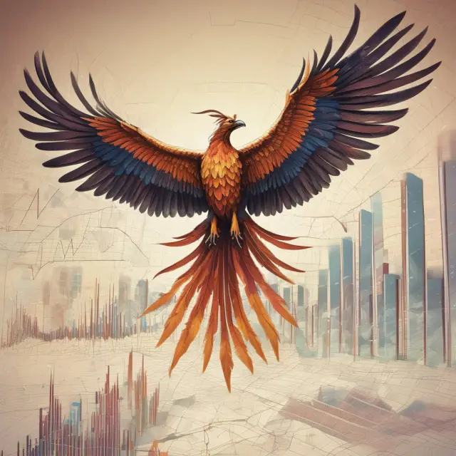 A phoenix rising above financial charts signifies high forward P/E ratios and expected earnings growth.