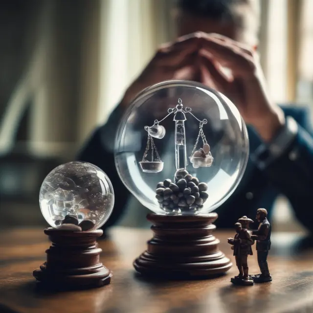 Investor analyzing forward P/E ratios using crystal balls filled with projected earnings, with a balance scale illustrating informed investment decisions