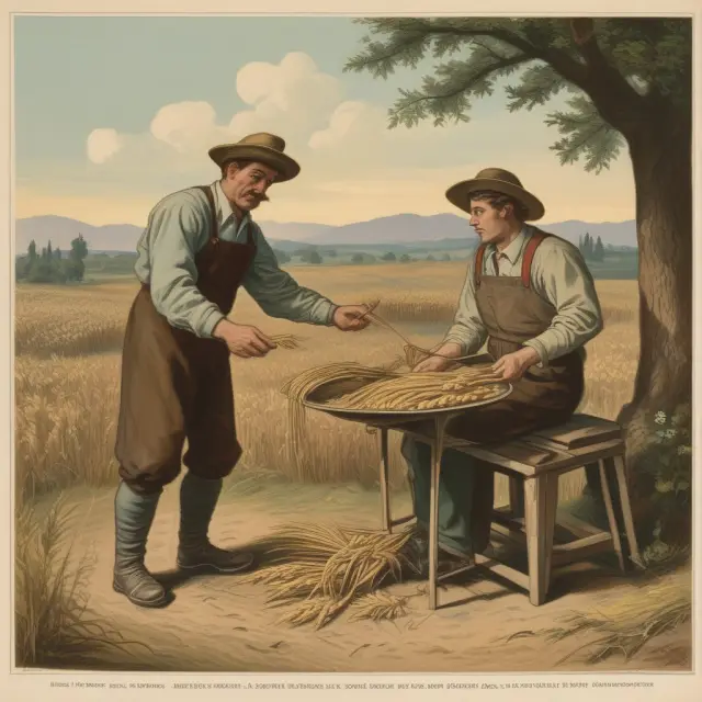 Farmer selling forward contract for wheat harvest, balancing scales showcasing price comparison between present and future