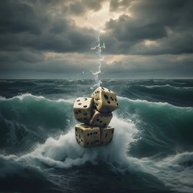 Three dice representing counterparty, basis, and market risks tumble in rough waters, emphasizing the challenges of managing risk in forward contracts.