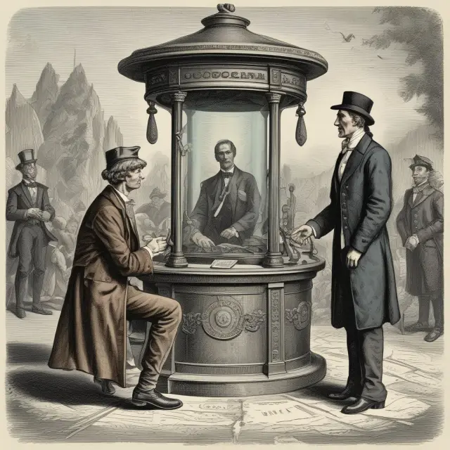 Time travelers shaking hands over a table, signing forward contracts amidst a backdrop of currency symbols