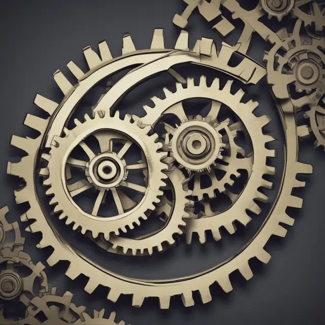 A set of gears with two interlocking cogs symbolizing forwards