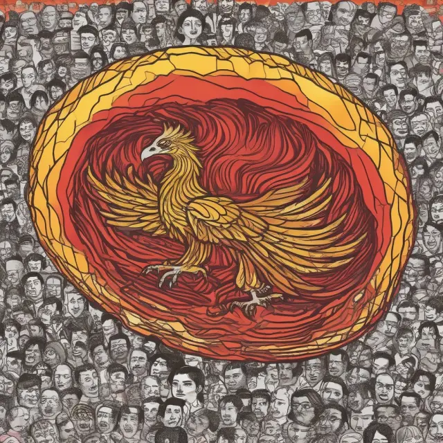 A phoenix emerging from ashes, symbolizing South Korea