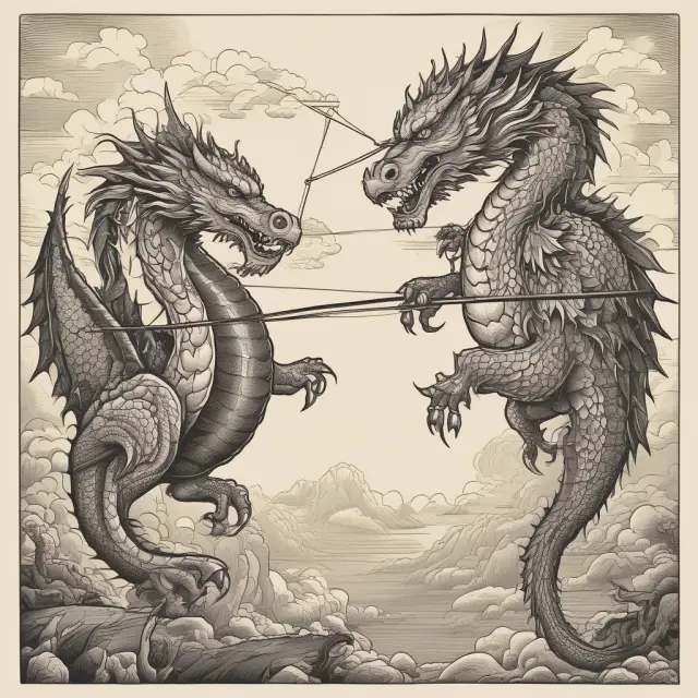 Two mythical dragons gracefully balancing on a tightrope, representing Taiwan