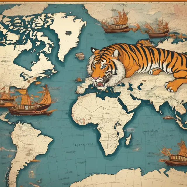 Four Asian Tigers symbolically depicted as tigers roaring on a world map, representing their export-driven growth and economic success