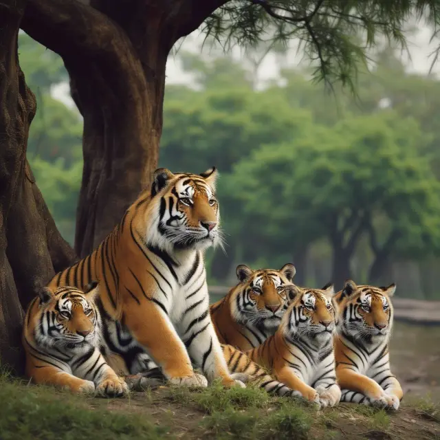 Four Asian Tiger nations under a protective tree, symbolizing their resilience in weathering global economic crises