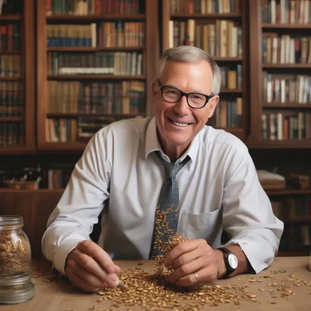 Bill Bengen with books and papers, symbolically creating golden seeds representing the 4% Rule from historical financial data
