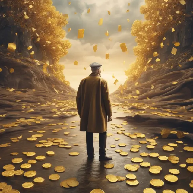 Retiree between two time periods: One with savings as a golden river, the other a barren wasteland - The 4% Rule maintains balance