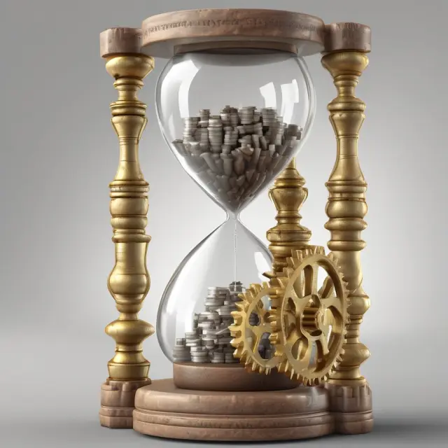 Hourglass with gold coins flowing between gears representing inflation adjustments in a retiree