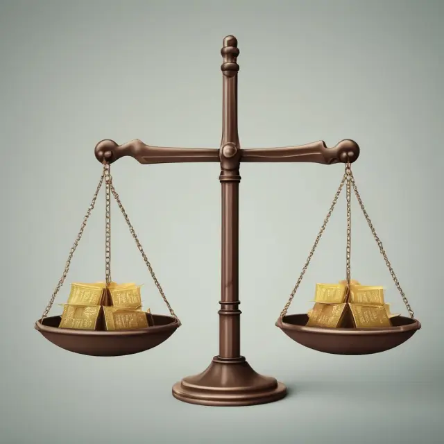 Image: Four scales representing advantages (left) and disadvantages (right) of the 4% Rule, balanced on a central axis