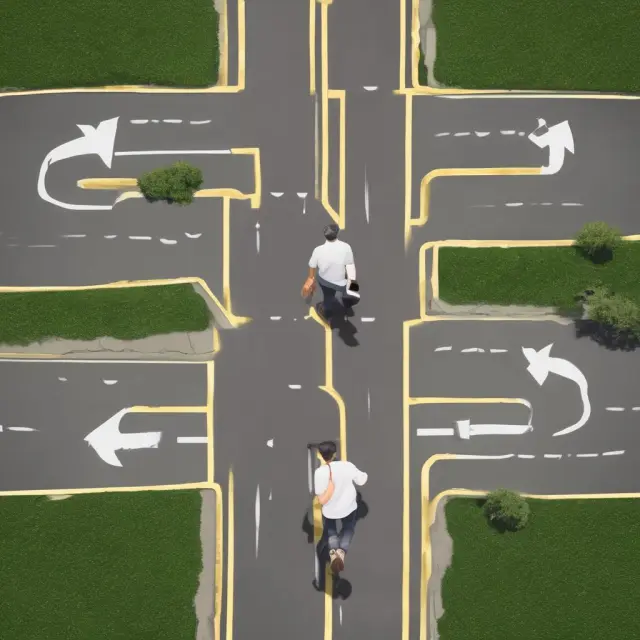 Retiree considering different retirement income strategies: 1) Following the 4% Rule (golden path), 2) Sequence Risk Management (fork to left), and 3) Flexible Withdrawal Strategies (fork to right)