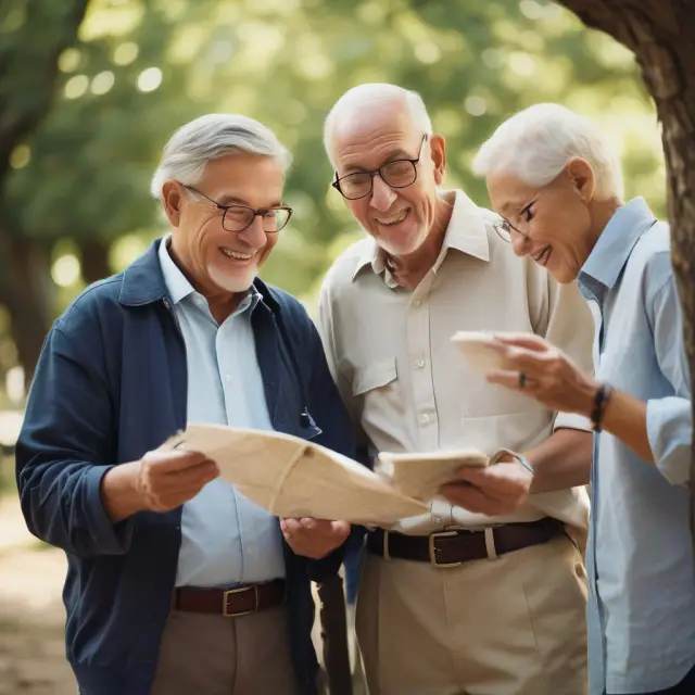 Retirees discovering alternative strategies to the 4% rule, depicted as a treasure map, symbolizing their quest for financial security and stability
