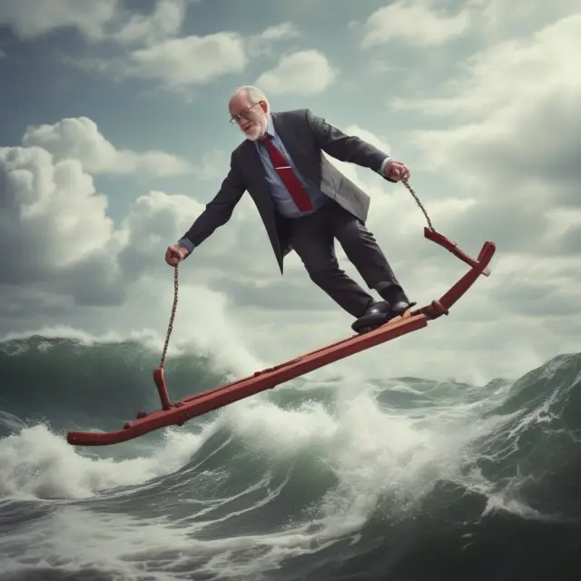 An elderly person balances on a seesaw with market waves, emphasizing the importance of adaptability in retirement planning amidst economic instability.