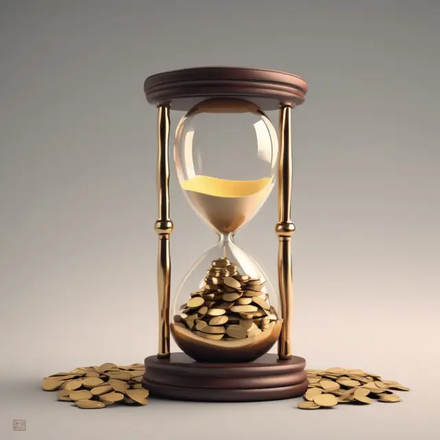 Golden hourglass releasing sand for steady retirement income based on the 4% Rule. Includes inputs for savings, rate of return, inflation, annual withdrawal, and life expectancy.