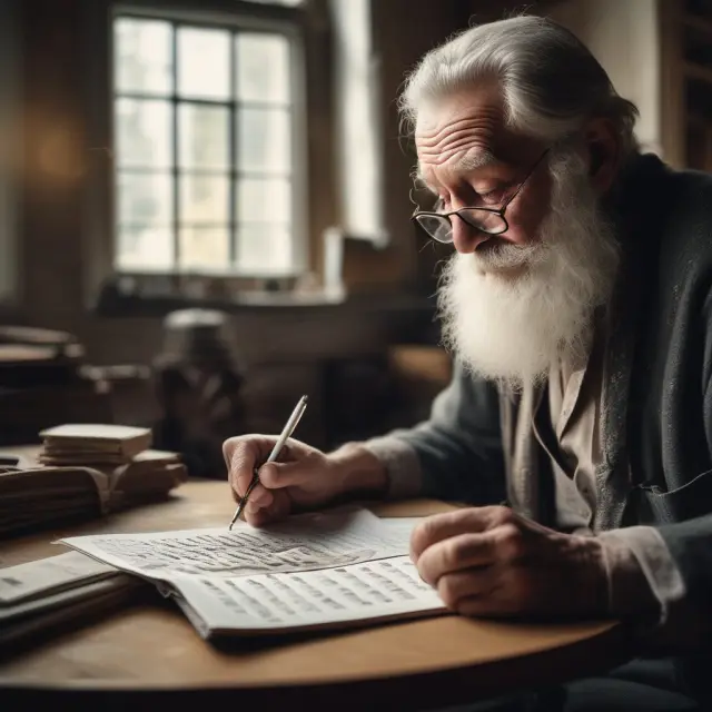 An older person sits at a desk with a calculator, contemplating the intricacies of retirement planning and the 4% Rule