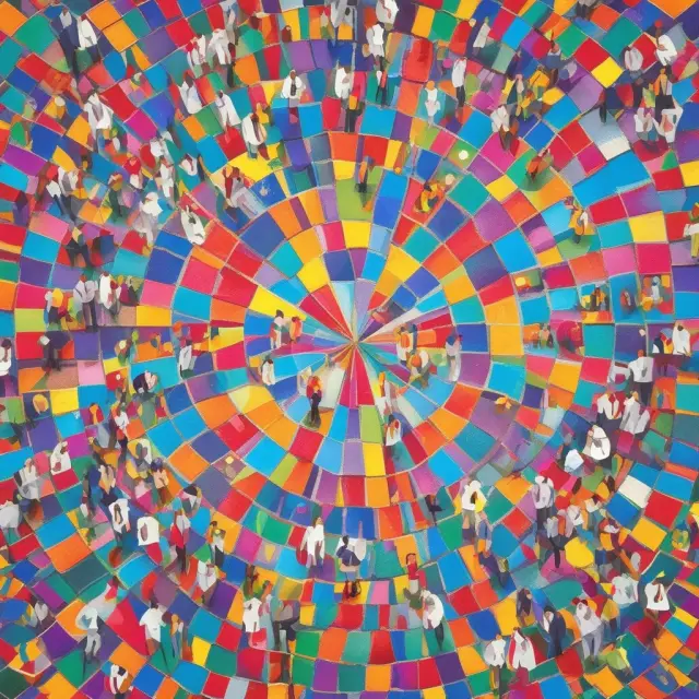People assembled on a vibrant mosaic wheel symbolize consumer behavior, target markets, and customer service in marketing strategy