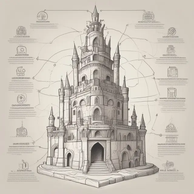 Seven pillars connected in a castle representing the essential components of a successful marketing strategy - product, price, place, promotion, people, process, and physical evidence
