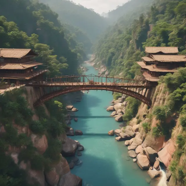 Image of a sturdy bridge linking isolated villages in the Fourth World to bustling international markets, symbolizing opportunities and progress