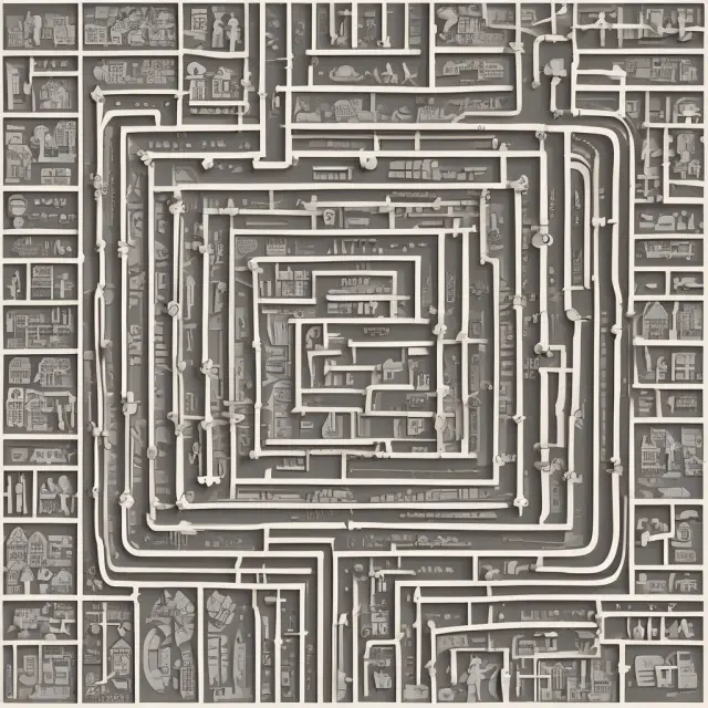 An intricate labyrinth with the Federal Poverty Level (FPL) at its heart, connected to a winding maze of poverty thresholds and lines