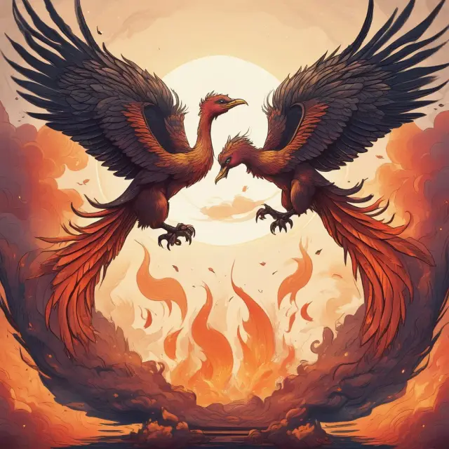 Two mythical birds representing dilutive and non-dilutive FPOs rising from shared ashes, symbolizing capital infusion without dilution of existing shares