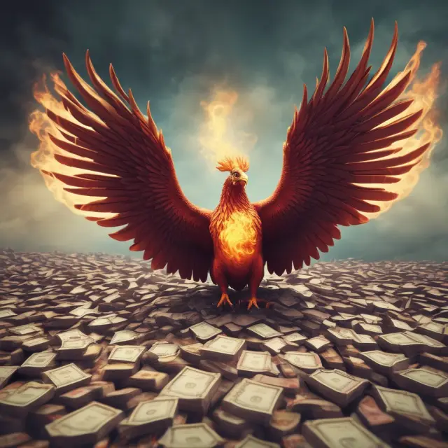 Phoenix rising from financial debris, symbolizing companies reducing debts via Follow-on Public Offerings