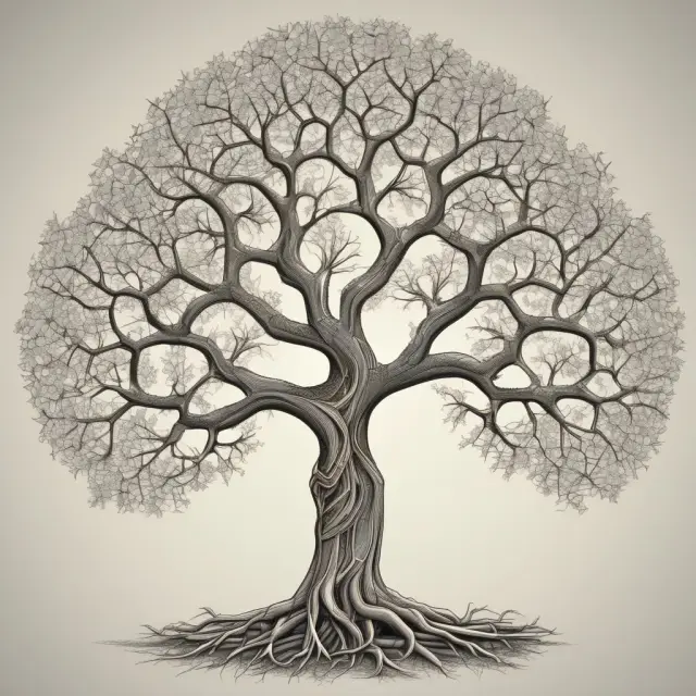 A fractal tree illustrating frequently asked questions, with each branch bearing fruit symbols representing the answers