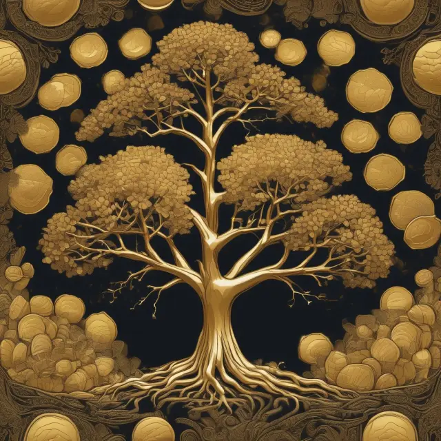 A fractal tree adorned with gold coins, representing ancient gold deposits and the roots of fractional reserve banking.