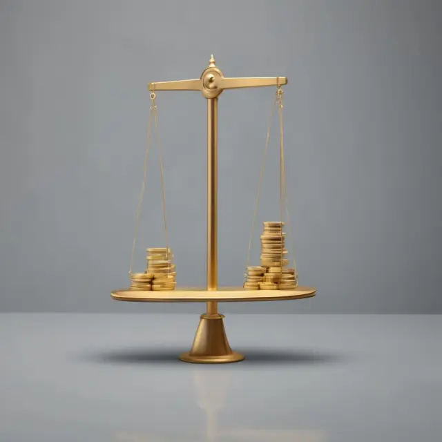 Gold coins representing advantages balanced against silver coins symbolizing potential disadvantages of fractional reserve banking