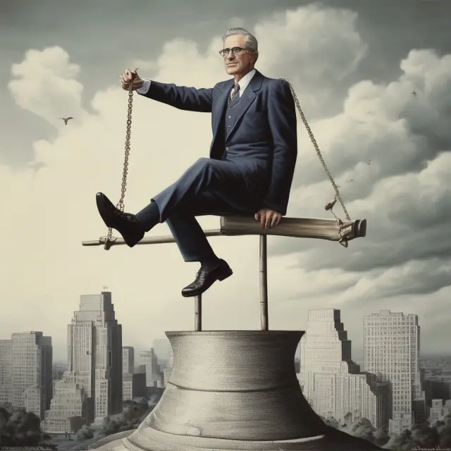 A conductor, representing the Central Bank, fine-tunes economic growth with a baton (interest rates) and maintaining regulatory balance through targeted reserve ratios