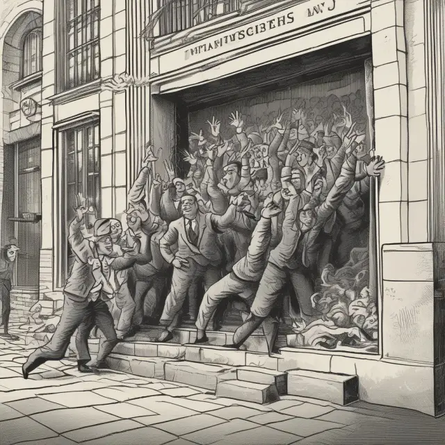 A crowd of depositors rushing to withdraw their funds from a bank amidst rumors of insolvency.
