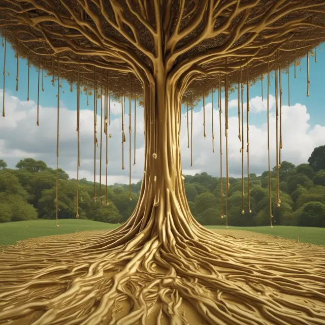 Golden tree pouring tax credits into umbrellas, representing fully franked dividends