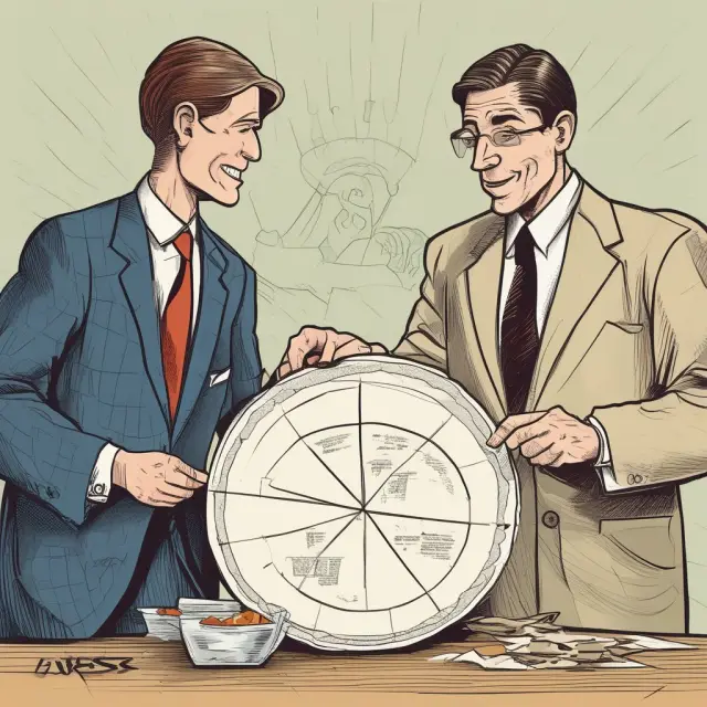An investor and the taxman sharing a pie chart of franked dividends, representing reduced taxes for investors and market stability in Australia