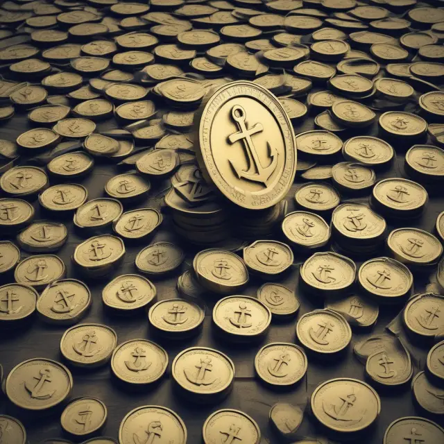 Anchorman with bags of gold coins labeled 