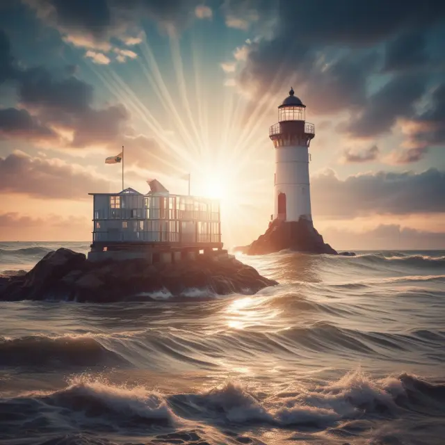 An image depicting a lighthouse with a golden franking credit beacon atop it, illuminating the path for investors towards a calm harbor symbolizing reduced tax burdens