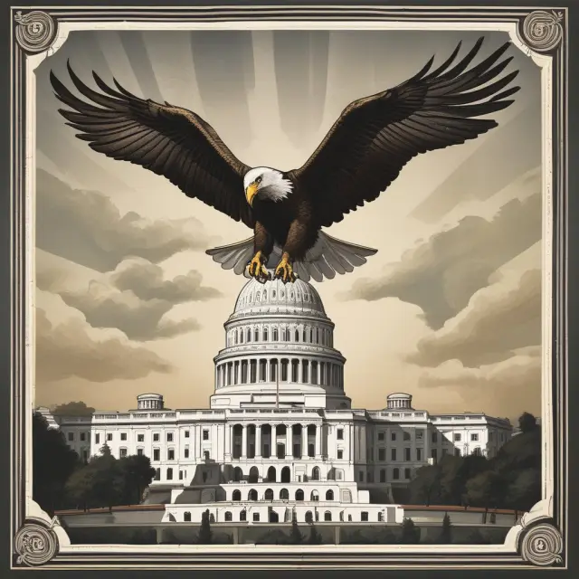An eagle in flight above the Capitol Building, representing the Fed