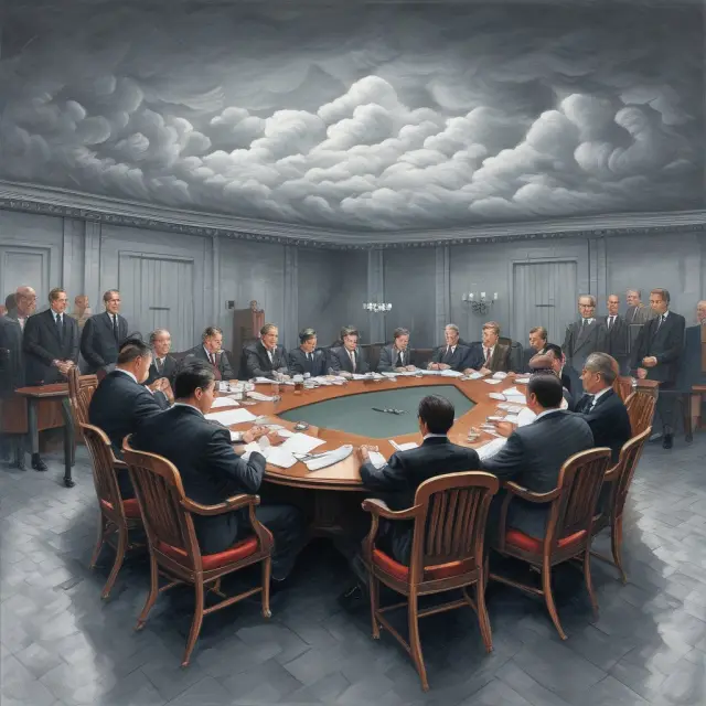 A group of subcommittee members gathered around a round table under stormy skies, working diligently to find solutions for various aspects within the Federal Reserve Board