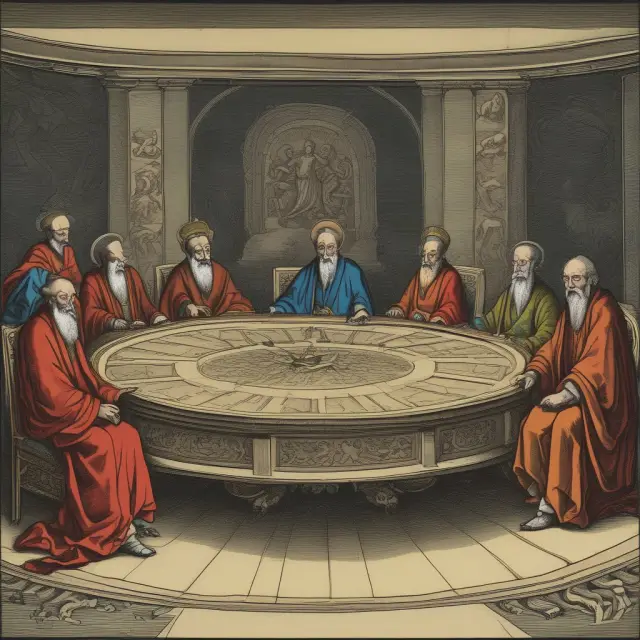 A group of seven wise figures sitting around a circular table, symbolizing the Federal Reserve Board members shaping monetary policy through collaborative decision-making.