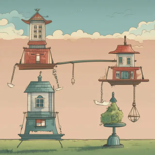 A balanced seesaw with one side representing Freddie Mac, receiving loans from local banks, and the other side, Fannie Mae, acquiring mortgages from major financial institutions