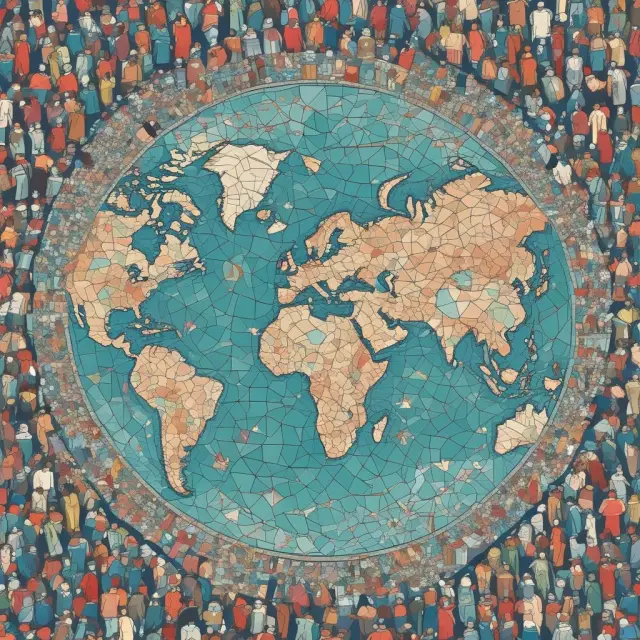 A group of economists discussing around a table adorned with a world mosaic, symbolizing free trade agreements and their impact on international trade.