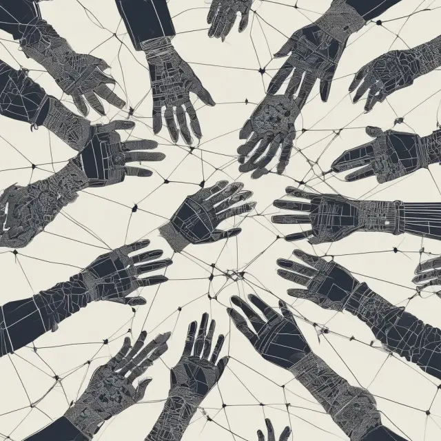 A group of global hands intertwined to form a complex network illustrating international free trade agreements