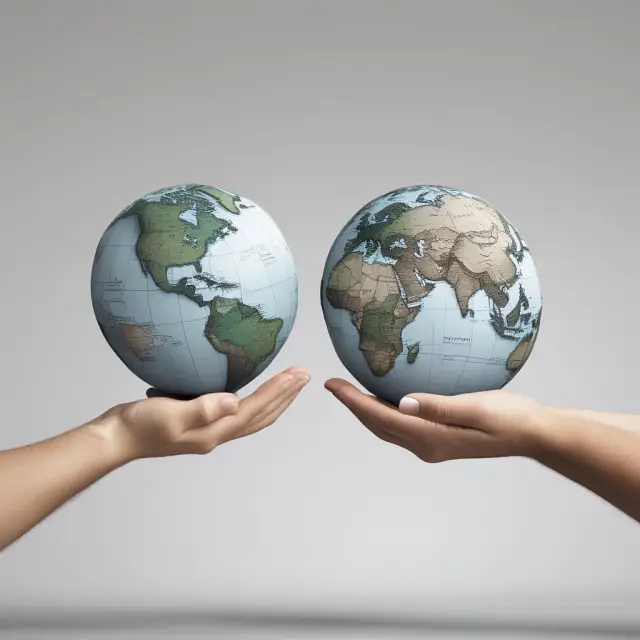 Image: Two interconnected globes representing countries involved in free trade agreement, with hand extending from one globe towards the other.