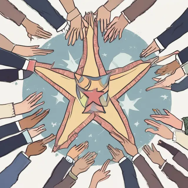 Five entrepreneurs working on scales, hands forming a star, representing economic freedom, profit motive, competition, private property rights, and consumer sovereignty