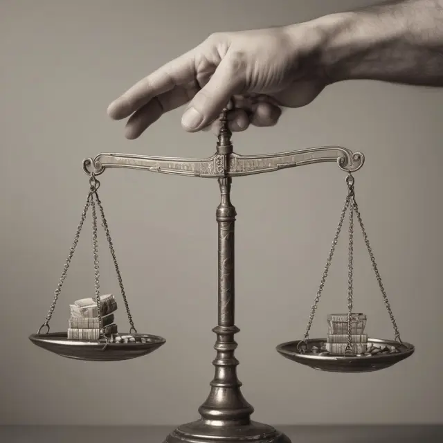 Two hands balancing gold coins (wealth) and weights (inequality)
