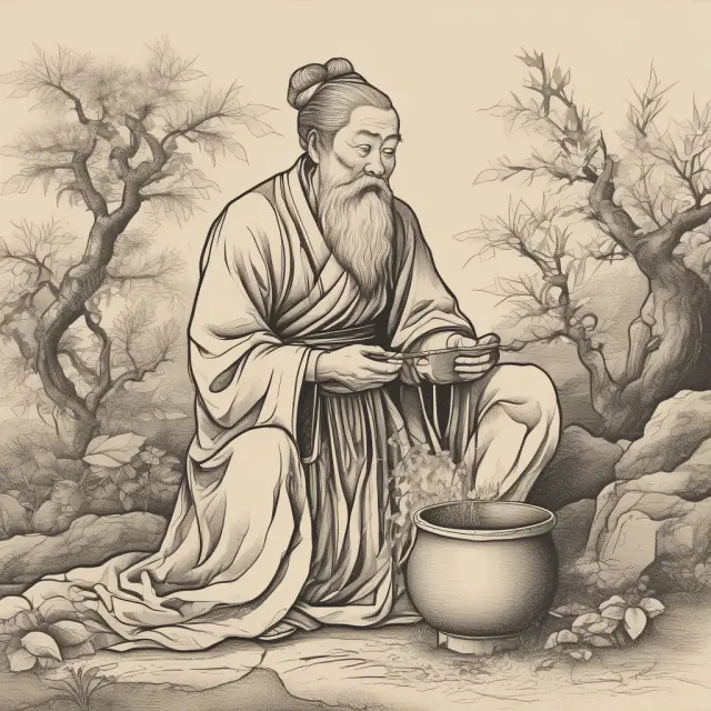 An ancient Chinese philosopher sows seeds in fertile ground, representing the historical roots of free enterprise